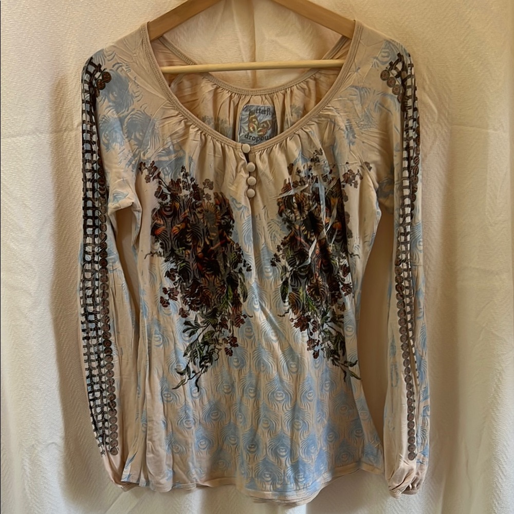 Butterfly dropout🦋Vintage tan/blue peacock feather print with fall floral top.